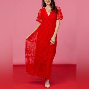 Pinkblush Red Lace Mesh Overlay Maxi Dress • Large